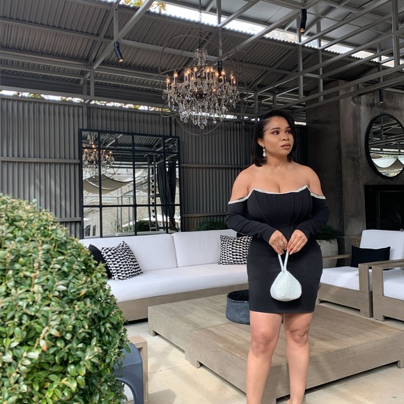 Miss Circle Annika Black Off Shoulder Long Sleeve Corset Dress w/ Crystal trim - Picture 11 of 17